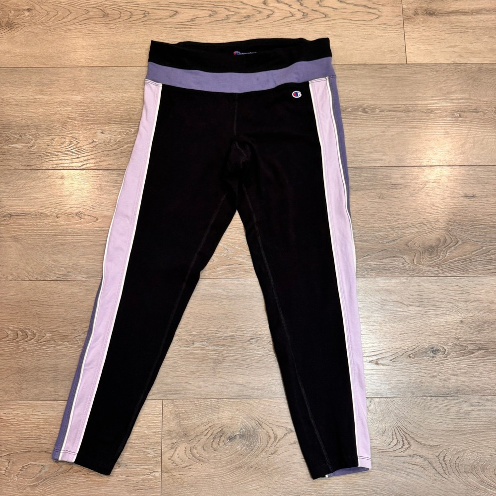 Champion Womens Black Purple Stripe Athletic Leggings Activewear Medium M